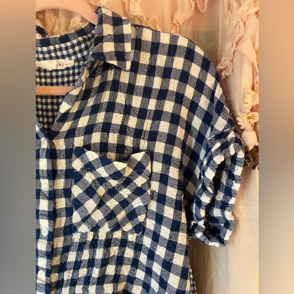 Jane + Delancey Navy and White Gingham Button-Up Shirt. Vintage retro vibe - Picture 3 of 5